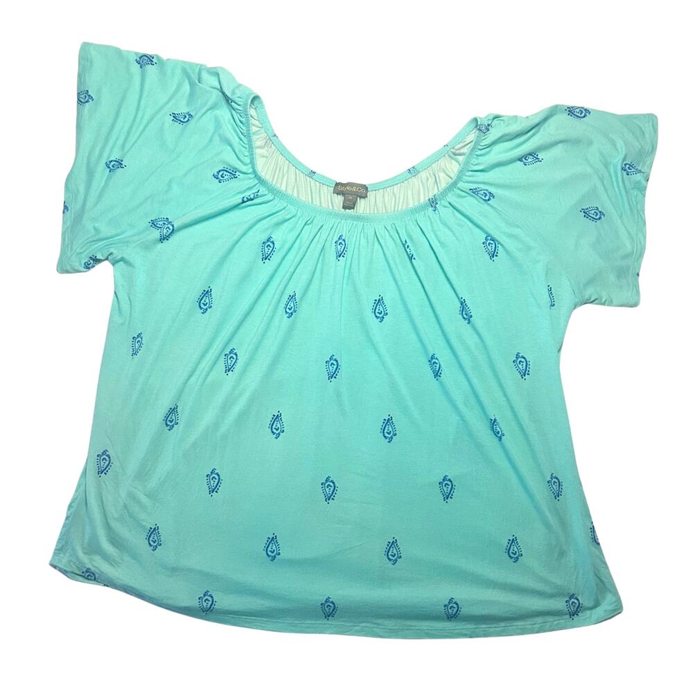Style & Co 3X Turquoise Paisley Peasant Top Boho Off Shoulder Shirred Neck Y2K